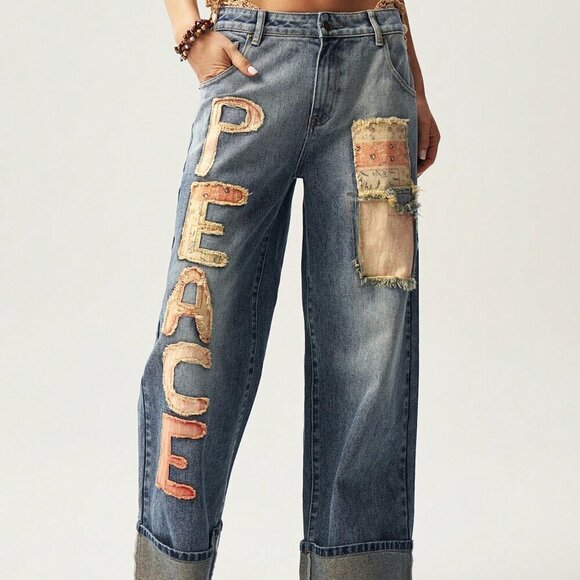 Medium Wash Casual Women's Distressed Letter Patch Loose Fit Denim Jeans - Picture 3 of 7